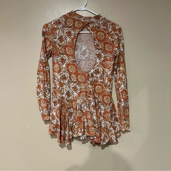 Free People Top Medium Womens Orange Long Sleeve Flounced Tunic Jersey Knit - Picture 4 of 6